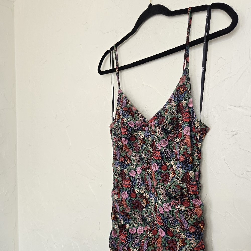 Lulu's Floral Mesh Ruched Green Pink Dress, M - Picture 6 of 14